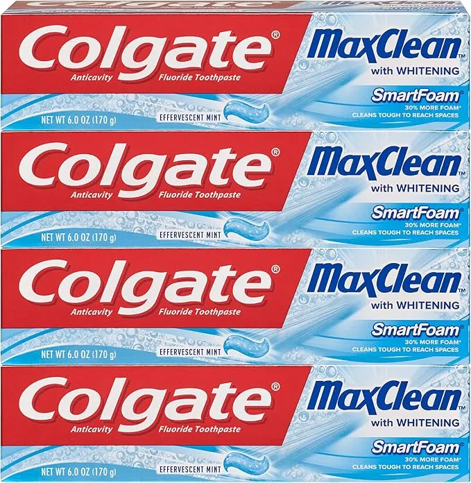 מארז 4 משחות שיניים Colgate Max Clean עם הלבנה ופלואוריד, 170 גרם כל אחת