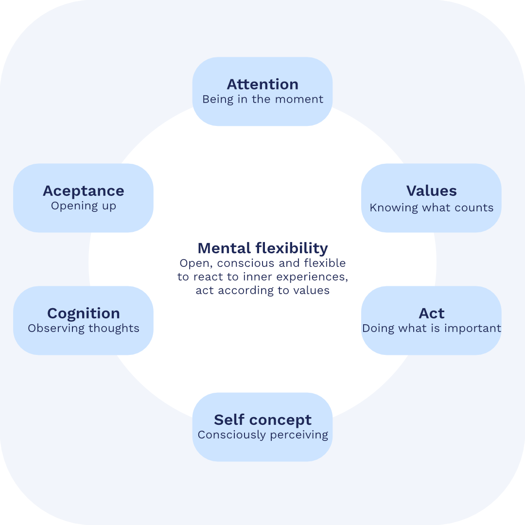 Building blocks of psychological flexibility: attention, acceptance, cognition, self-concept, values and action
