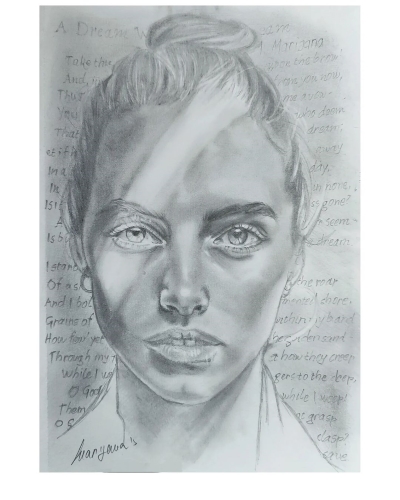 Drawing of a woman with poem in background