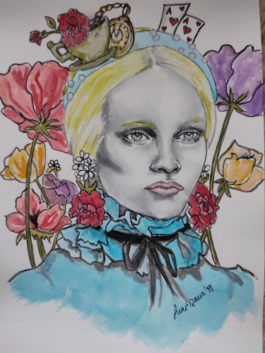 Fashin illustration of a woman in blue dress with flowers in backgound