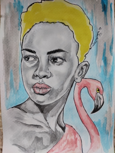 Black girl with yellow hair and pink flamingo
