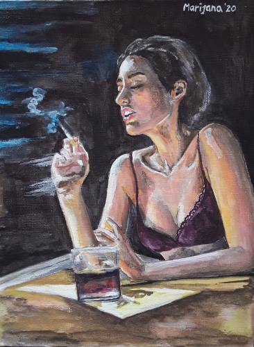 Woman sitting in a bar, drink wine and smoke