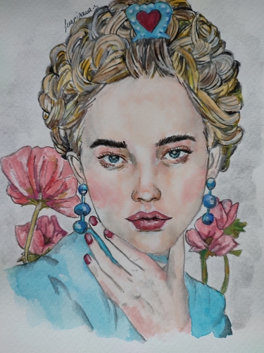 Fashion illustration of a woman with elegan frisur and flowers in background