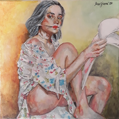 A painting of a girl sitting in a floral kimono with a brush in her mouth and looking at the viewer