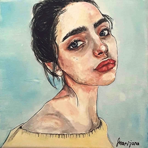 Painting of ayoung girl with black hair and red lips