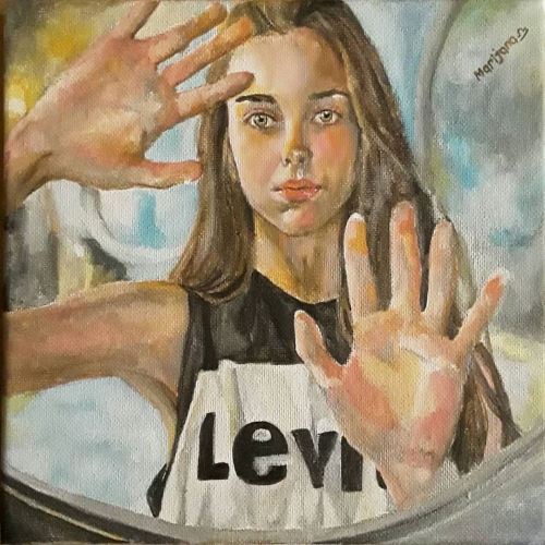 Painting of young woman with long hair and tshirt looking throught the window