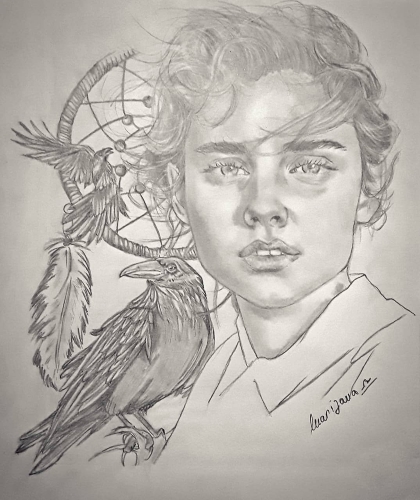 Portrait of young woman with ravens and dreamcatcher in background