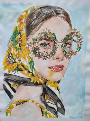 Fashion illustratoin of woman with flowers scarf