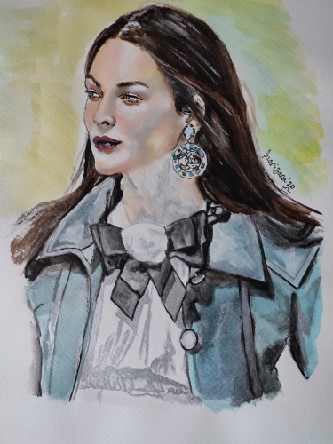 fashion illustration of woman with long hair in elegant blazer