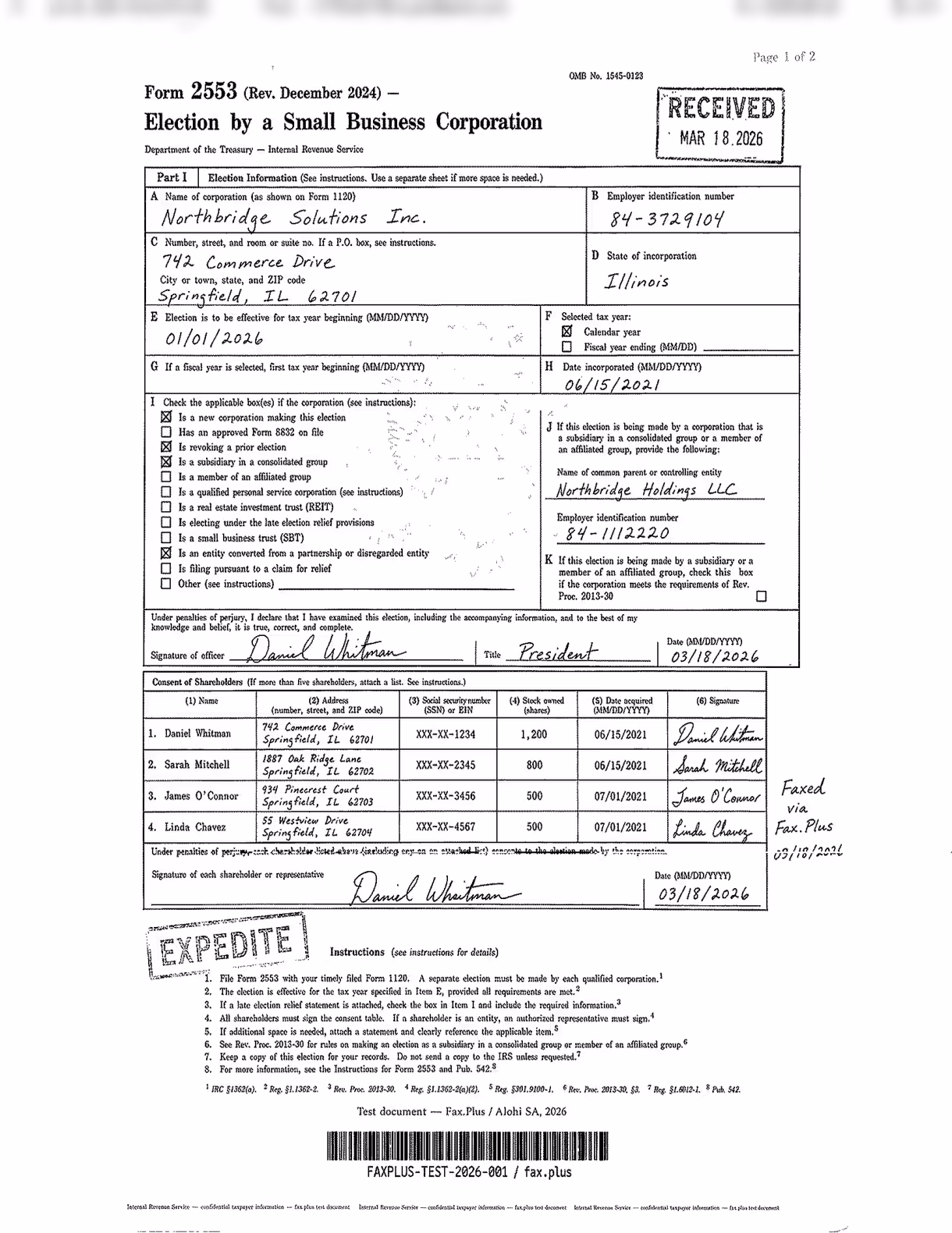 FAX.PLUS standard quality IRS form fax sample