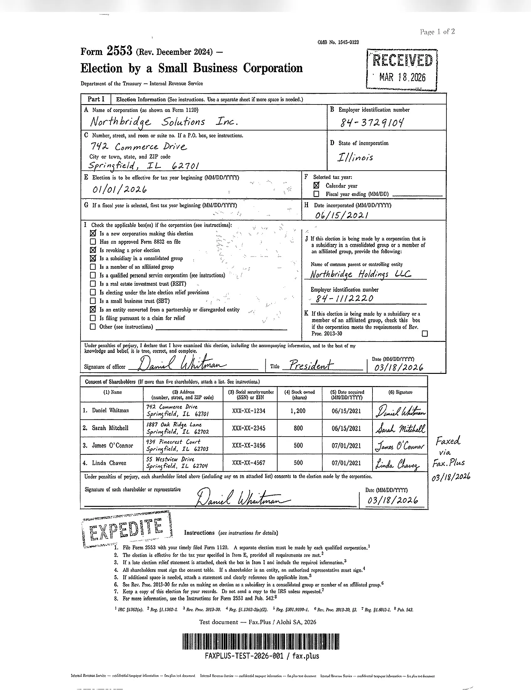 FAX.PLUS standard quality fax output of the IRS Form 2553 test document