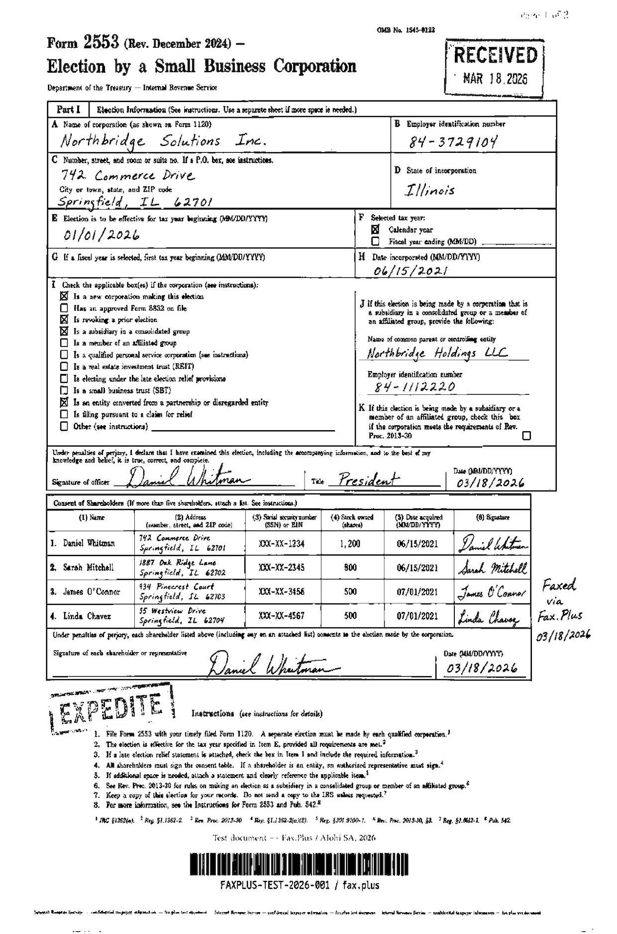 ComFax standard quality fax output of the IRS Form 2553 test document