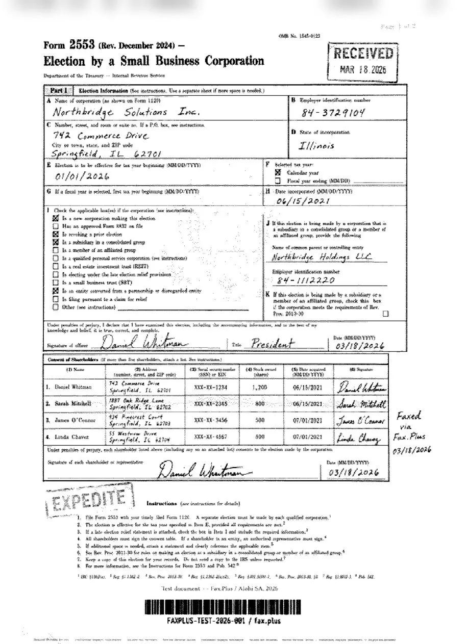 FaxZero standard quality fax output of the IRS Form 2553 test document
