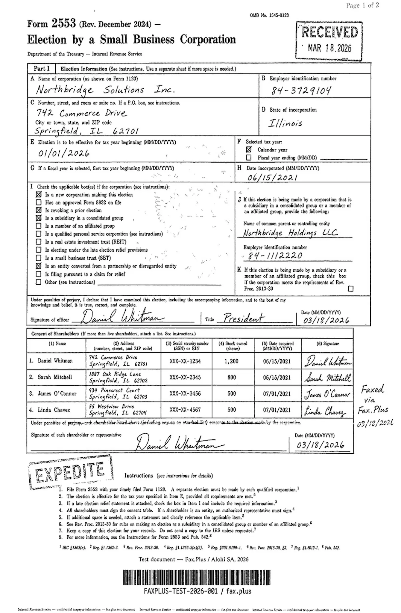 FAX.PLUS standard quality fax output of the IRS Form 2553 test document