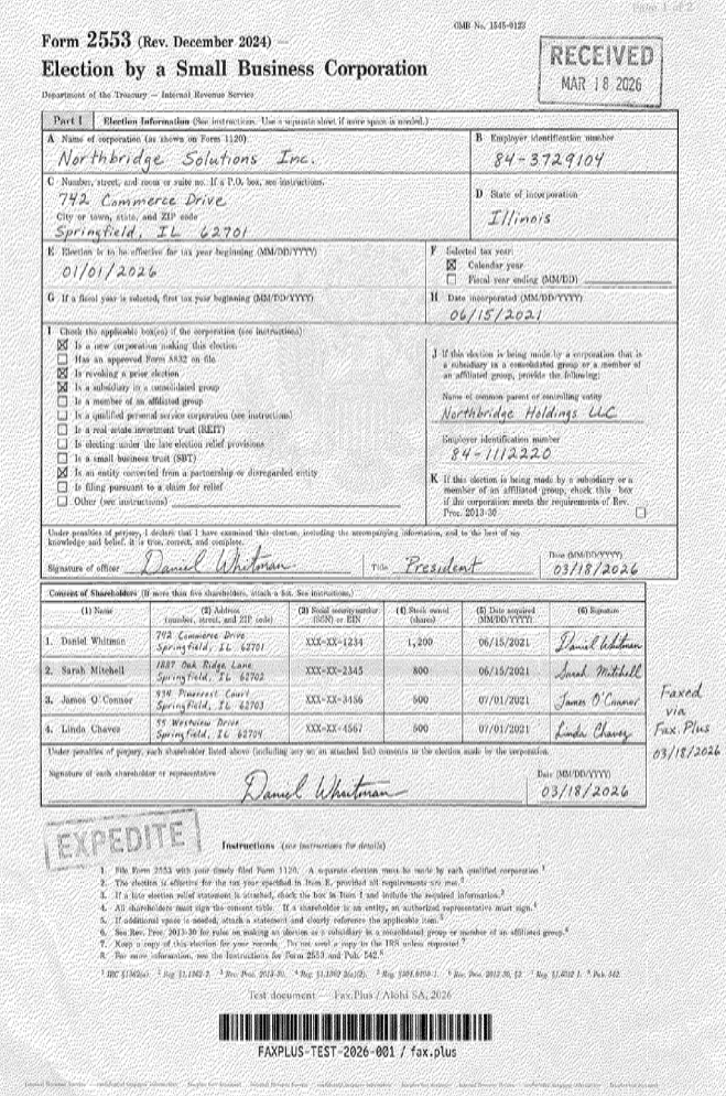 MyFax standard quality IRS Form 2553 fax sample