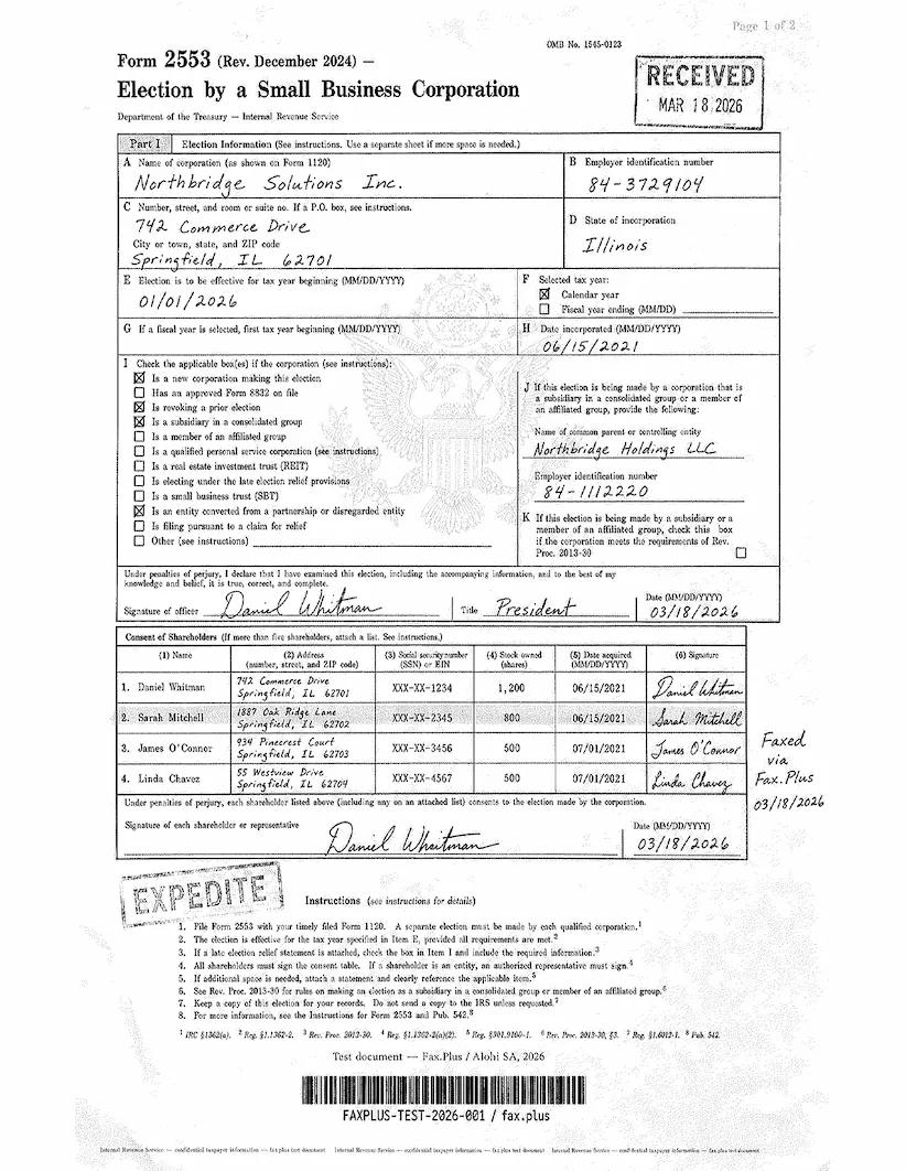 FAX.PLUS HD quality IRS Form 2553 fax sample