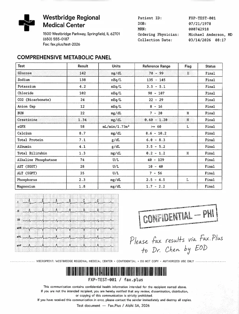 FAX.PLUS HD quality healthcare lab results fax sample