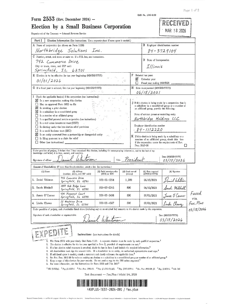 FAX.PLUS standard quality IRS Form 2553 fax sample