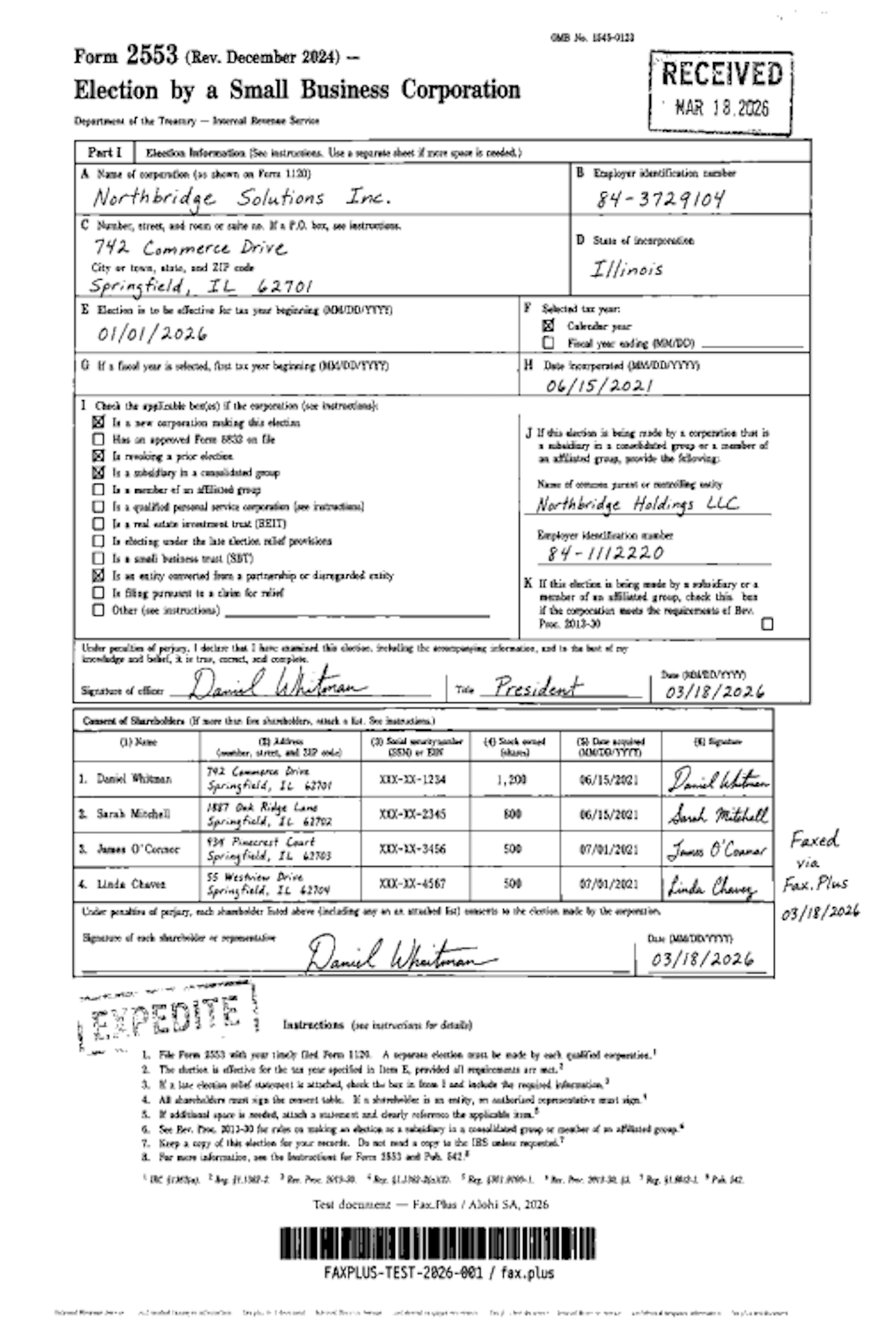 Documo standard quality IRS Form 2553 fax sample