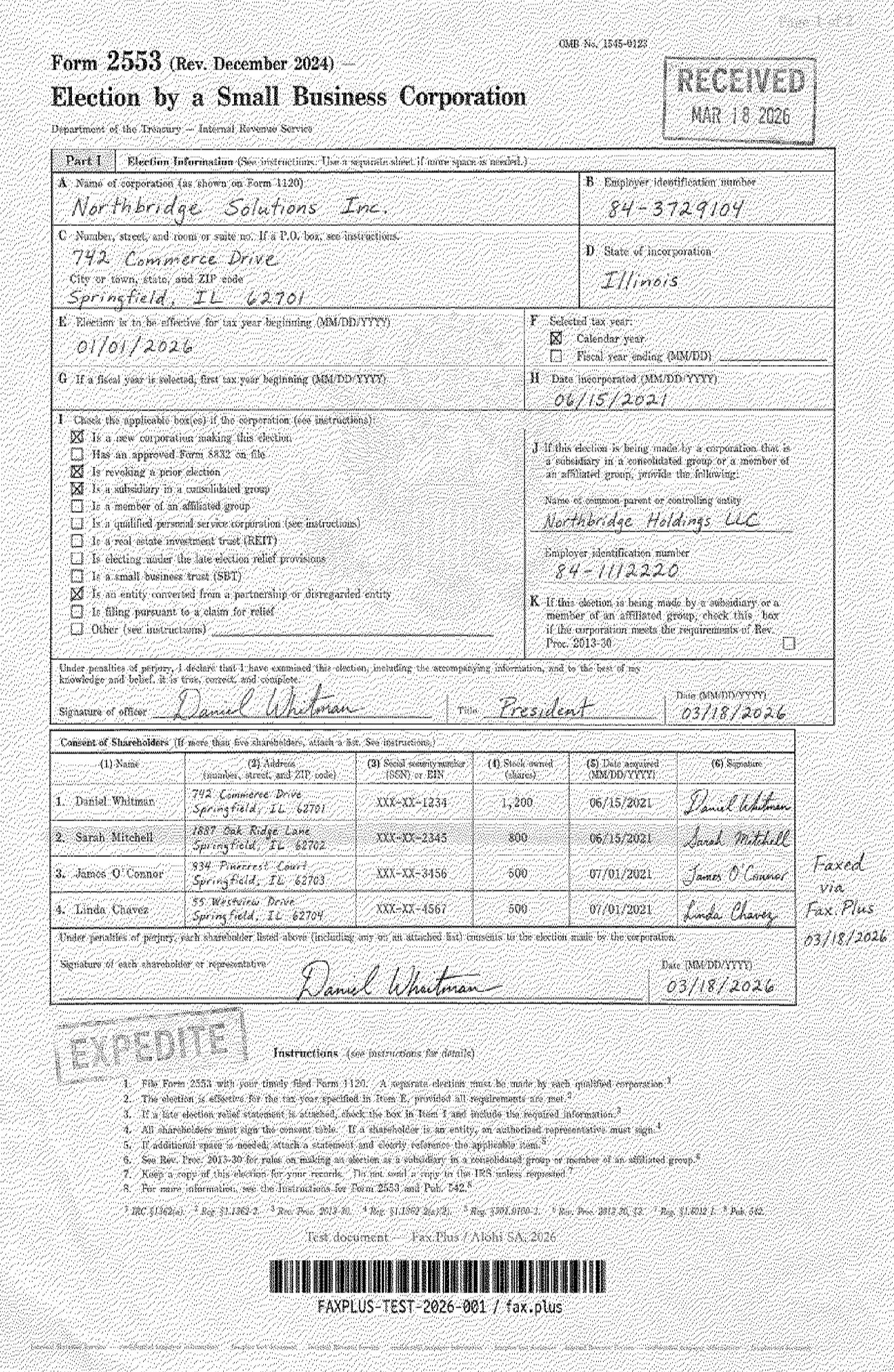 MyFax standard quality IRS Form 2553 fax sample