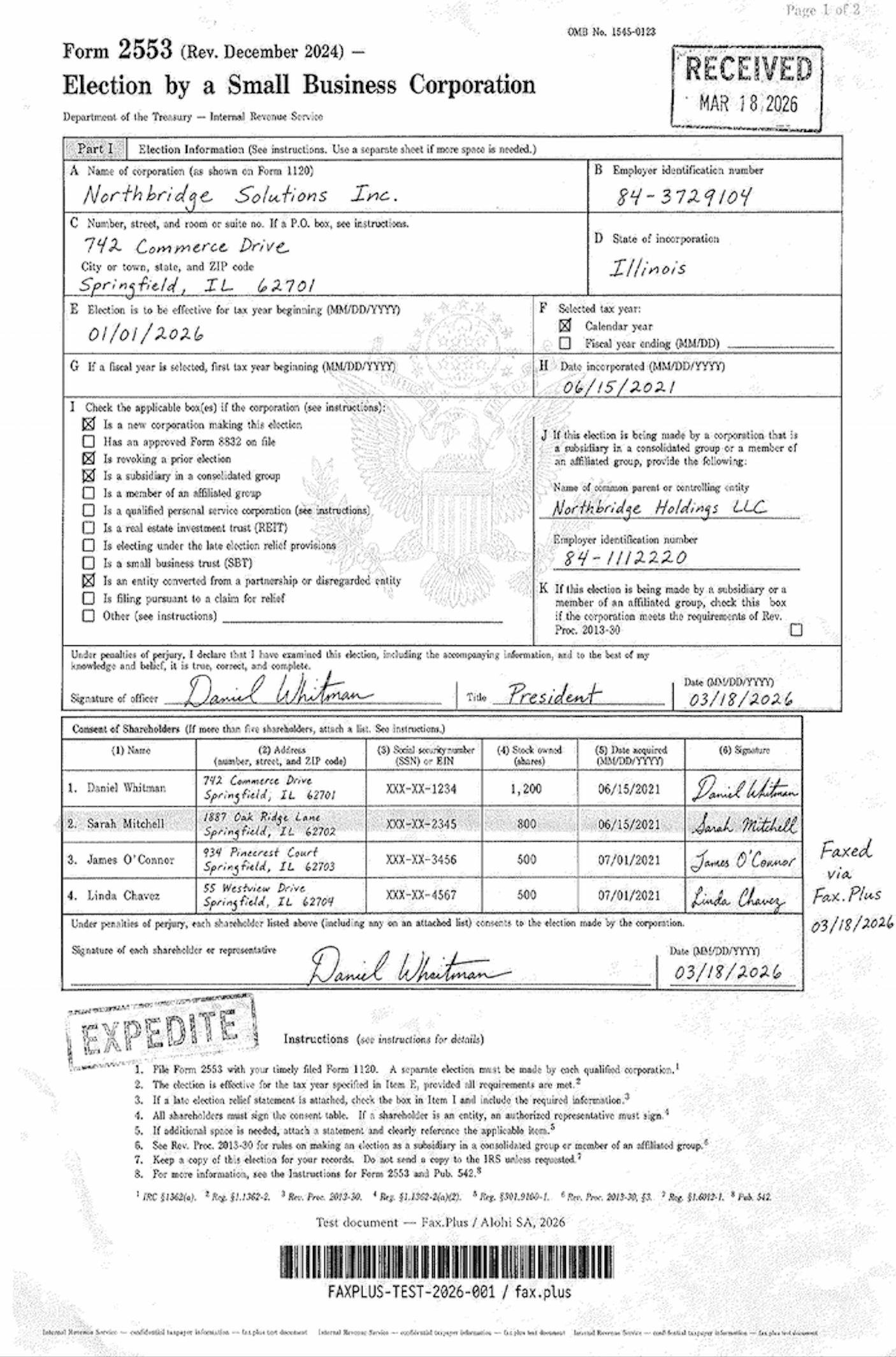 FAX.PLUS HD quality IRS Form 2553 fax sample