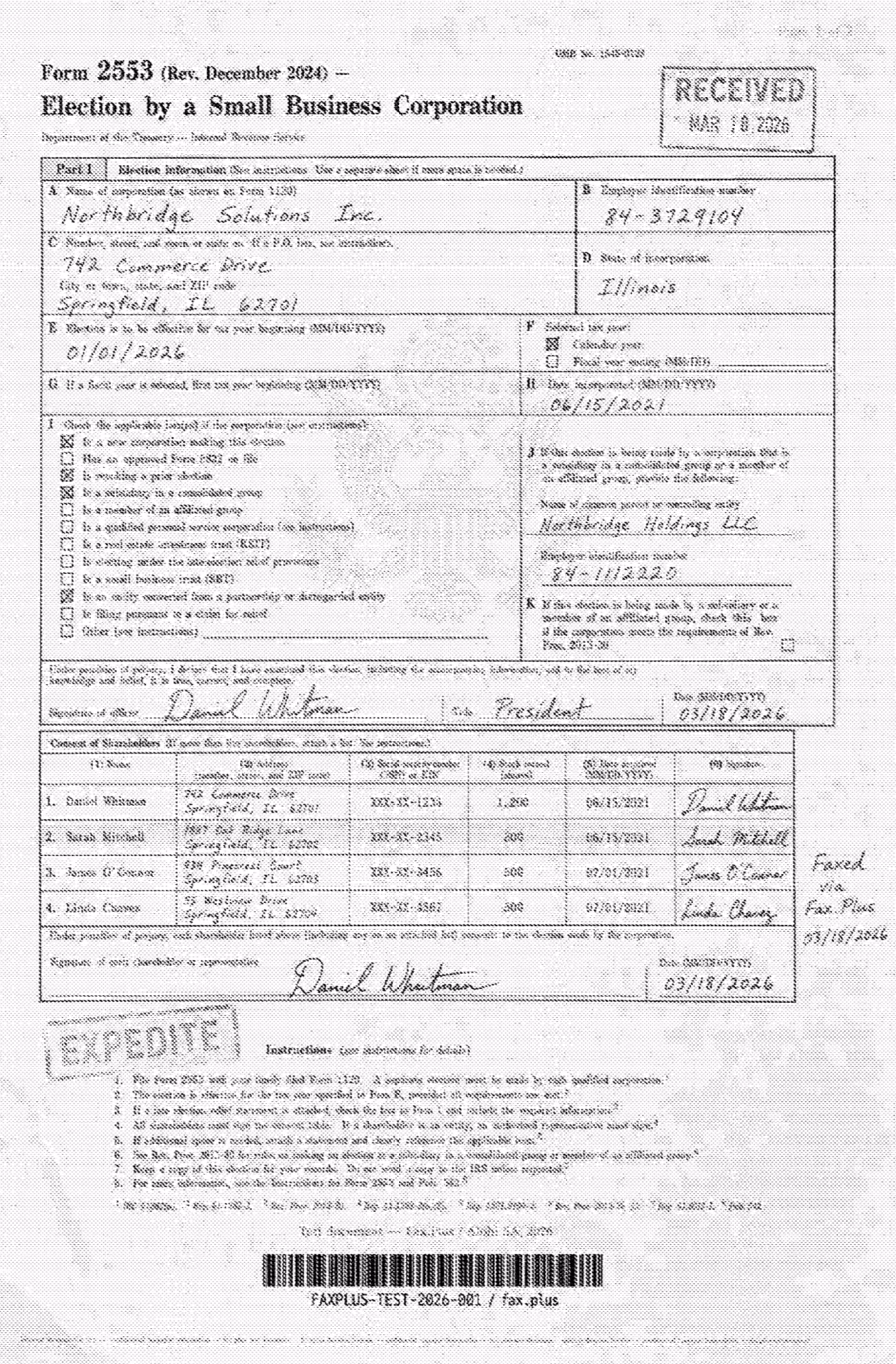 CocoFax standard quality IRS Form 2553 fax sample