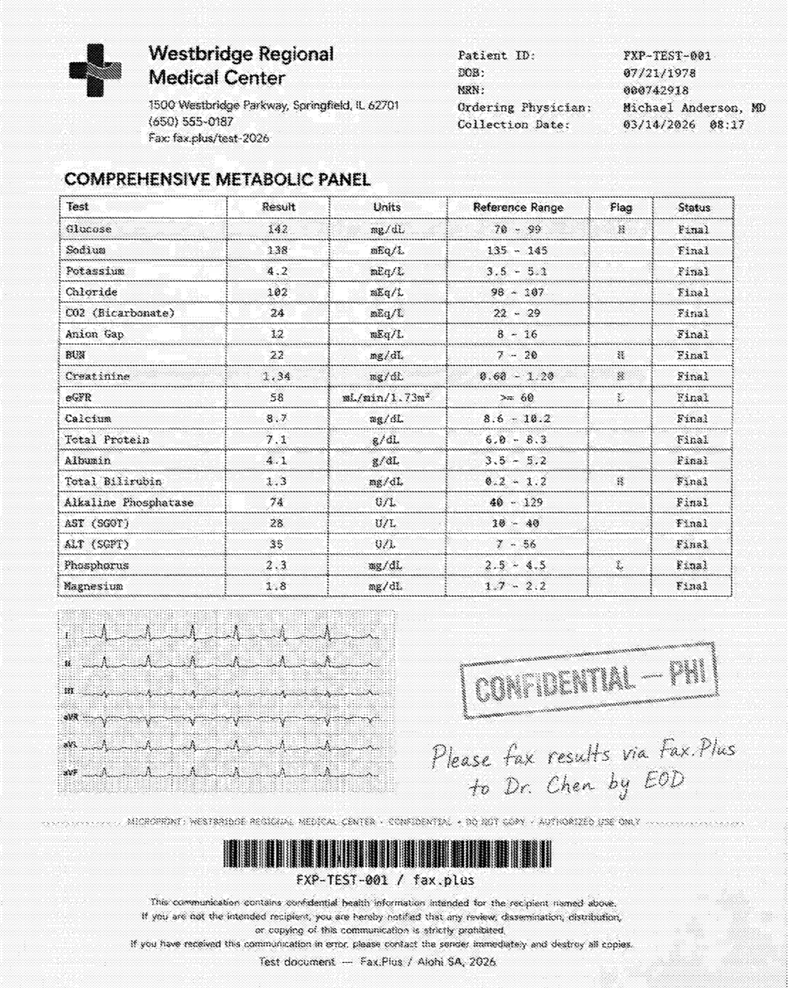 CocoFax standard quality healthcare lab results fax sample
