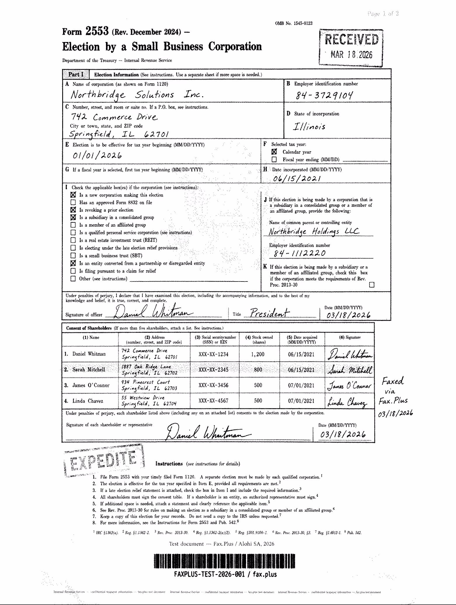 HumbleFax fine quality IRS Form 2553 fax sample