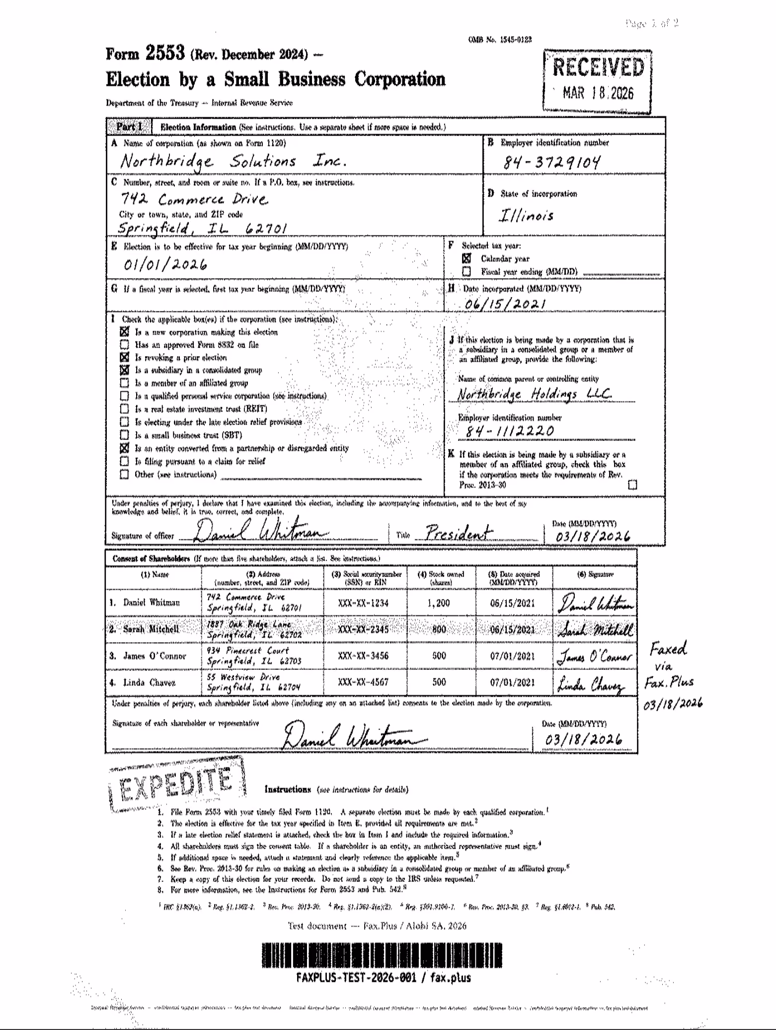 HumbleFax standard quality IRS Form 2553 fax sample
