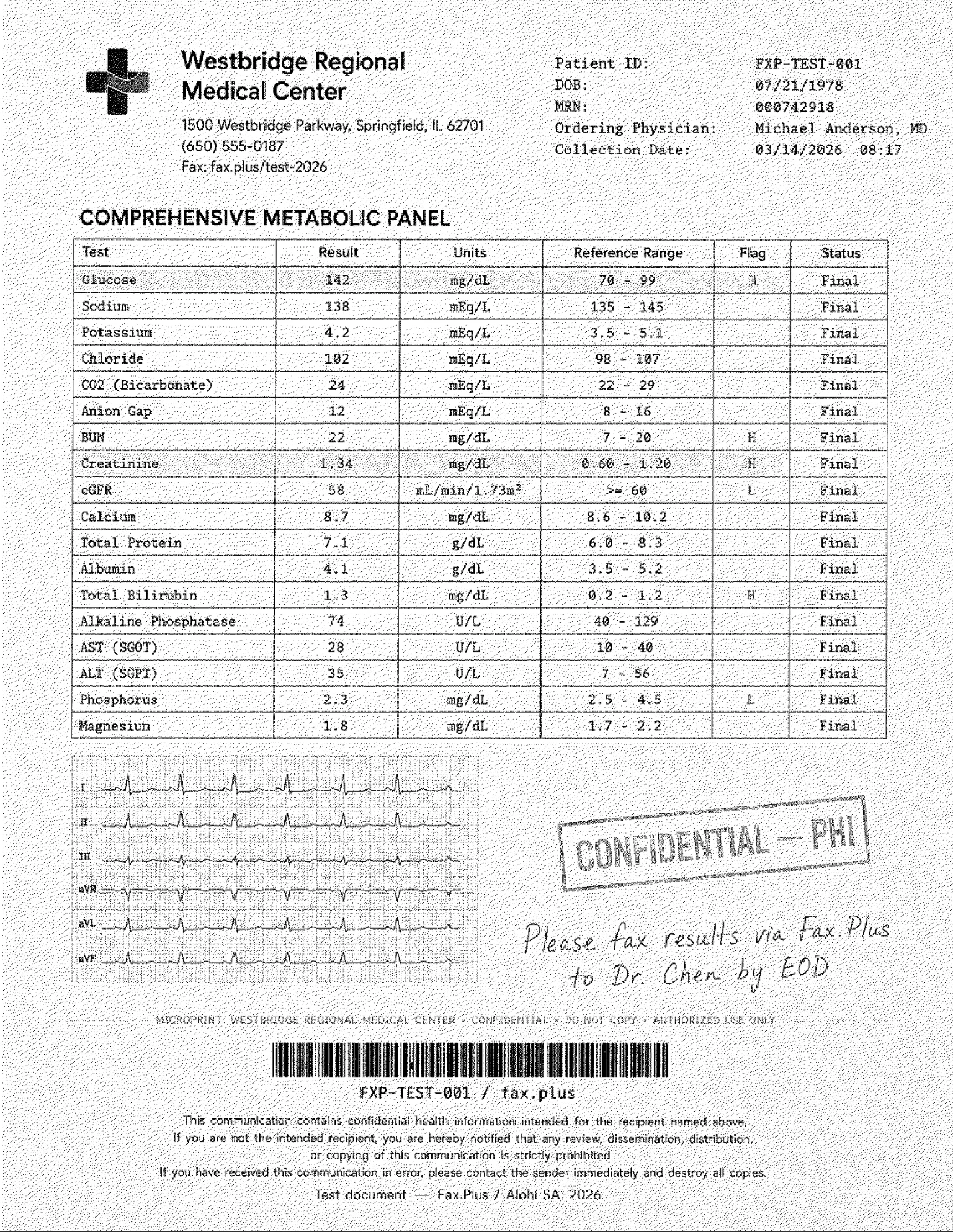 SRFax standard quality healthcare lab results fax sample