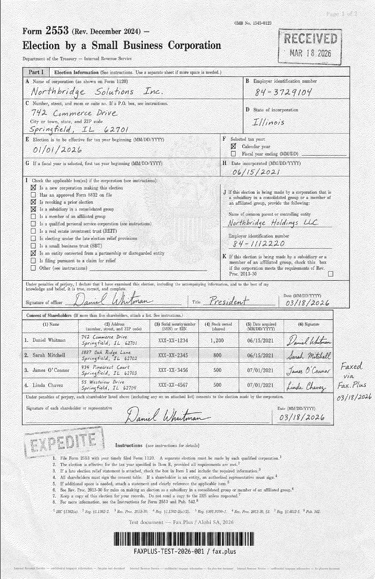 SRFax standard quality IRS Form 2553 fax sample