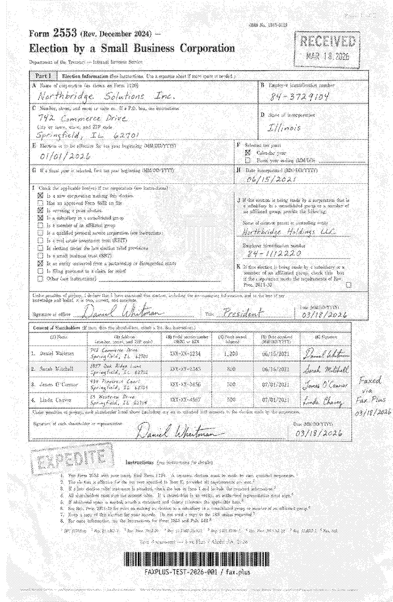FaxBurner standard quality IRS Form 2553 fax sample