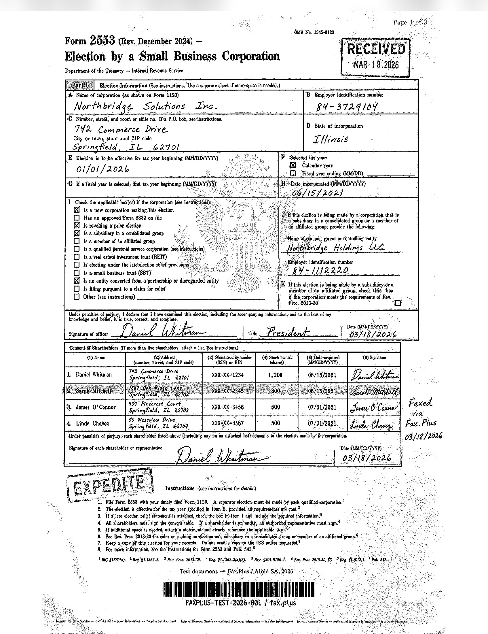 Exemplo de fax do IRS Form 2553 em alta definição (FAX.PLUS).