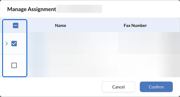 Fax.Plus Manage Assignment panel with receiving-member checkboxes highlighted and personal details blurred.