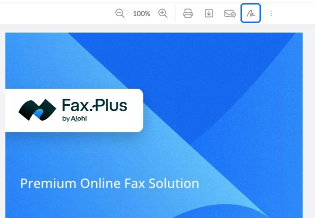 Fax.Plus received-document viewer with the signing action highlighted in blue on a demonstration fax.