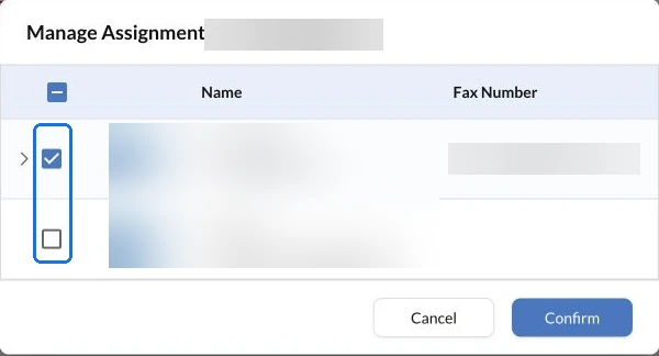 Fax.Plus Manage Assignment panel with receiving-member checkboxes highlighted; personal details and fax numbers are blurred.