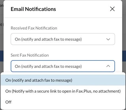 Fax.Plus email notification settings showing the available sent-fax notification options.