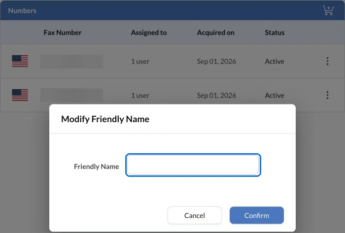Fax.Plus Friendly Name dialog for labeling a number, with the account's fax numbers blurred.