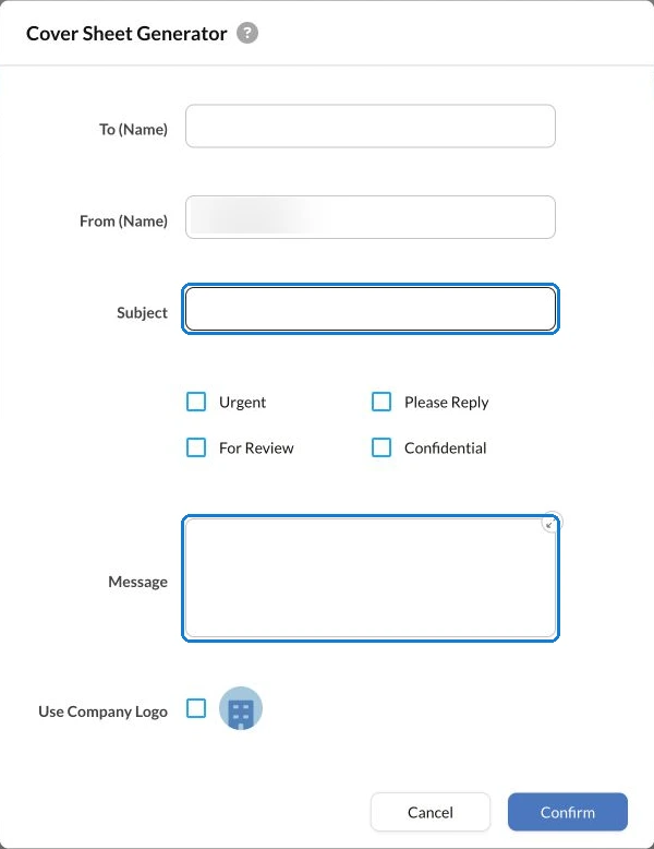 Fax.Plus Cover Sheet Generator with Subject and Message fields highlighted.