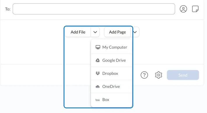 Fax.Plus Send Fax composer with document upload sources expanded.