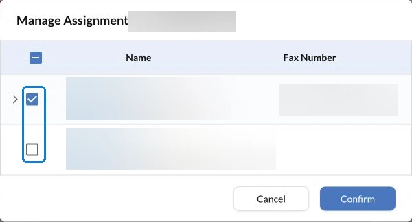 Fax.Plus Manage Assignment dialog with staff selection controls highlighted and personal details obscured.