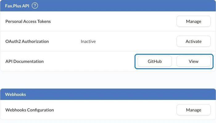 Fax.Plus Integrations settings showing API authentication, documentation and webhook entry points.