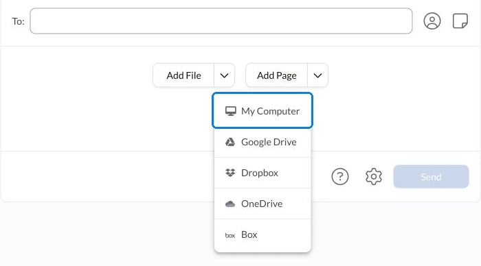 Fax.Plus Add File menu with My Computer highlighted for attaching a reviewed document.