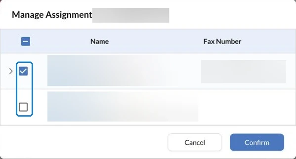 Fax.Plus number assignment dialog with account details blurred and staff-selection controls highlighted.