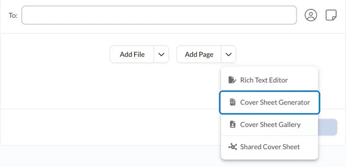 Fax.Plus Add Page menu with Cover Sheet Generator highlighted.