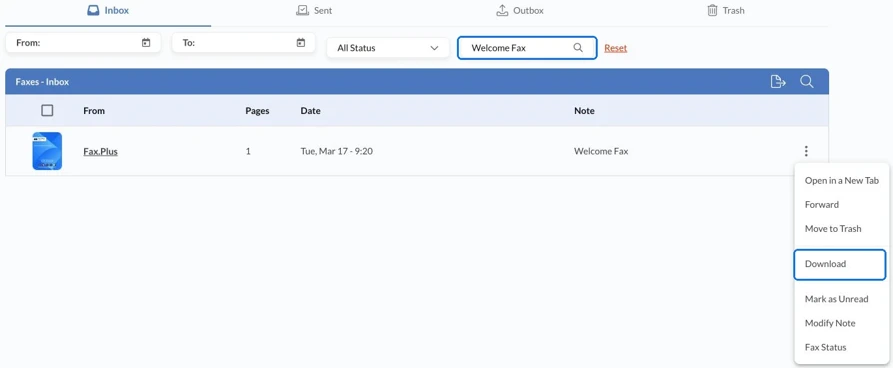 Fax.Plus inbox showing its welcome fax and the Download action, with search highlighted.