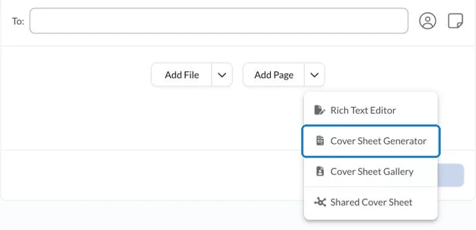 Fax.Plus Add Page menu with Cover Sheet Generator highlighted.