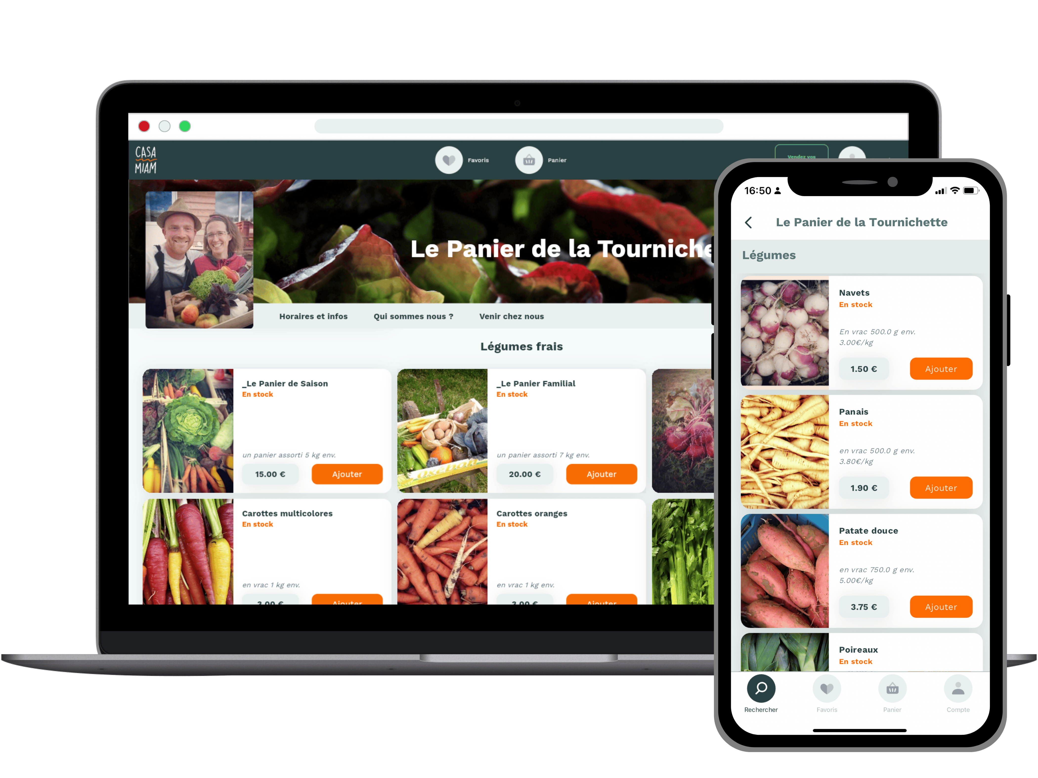 Aperçu de l'application et de la page web Casamiam d'un producteur