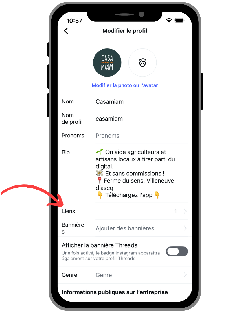 Je clique sur "Liens" sur mon profil Instagram