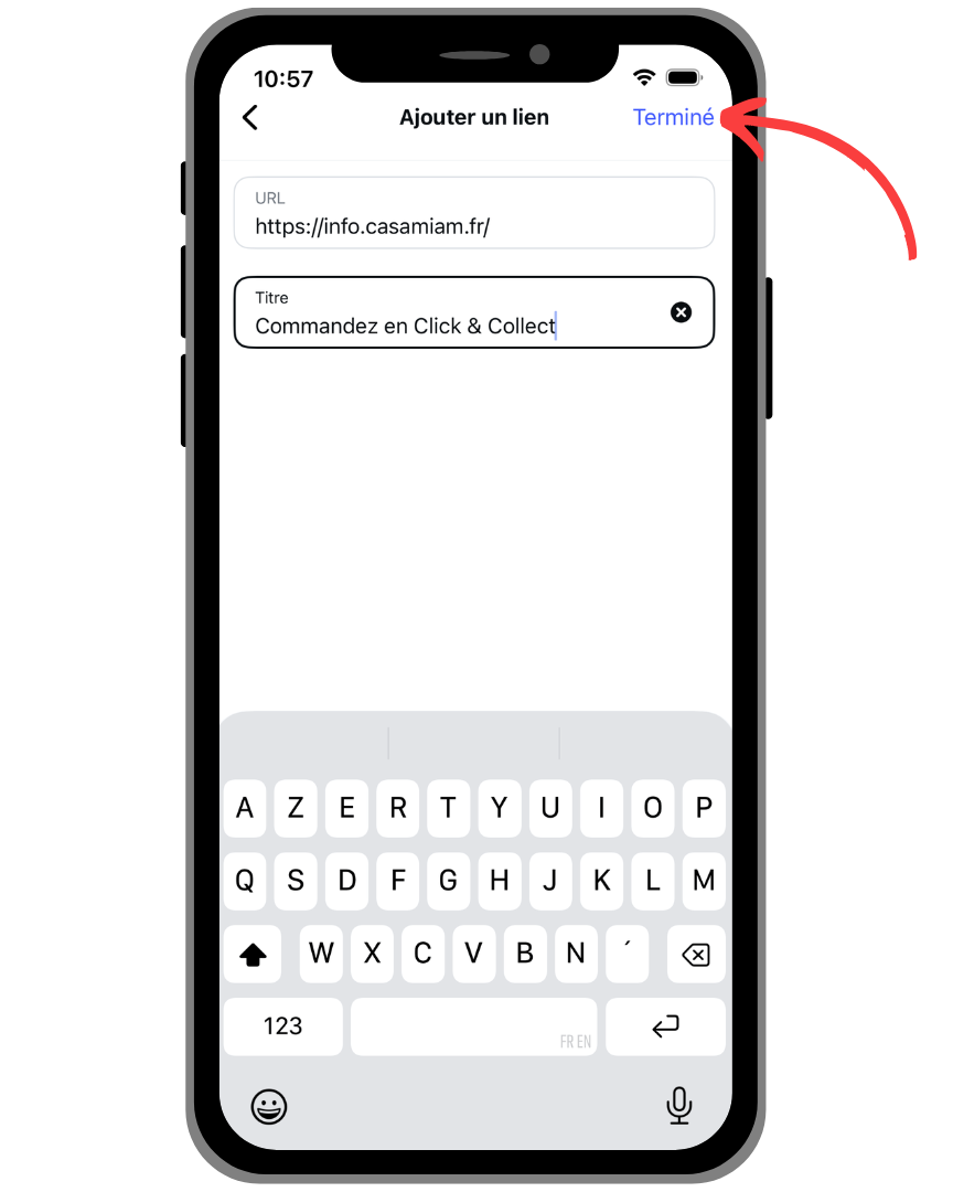 Je clique sur "Terminé" dans l'onglet Lien d'Instagram